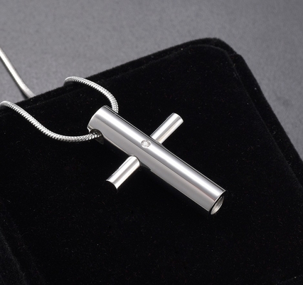 High Polished Cross Crystal Stainless Steel Cremation Pendant with Memorial Necklace