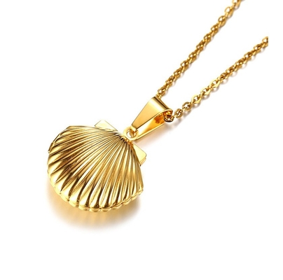 Excellent Men's Oval Locket Necklace Gold Color Stainless Steel Shell Pattern Pendant