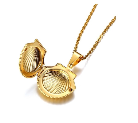 Excellent Men's Oval Locket Necklace Gold Color Stainless Steel Shell Pattern Pendant