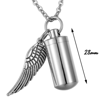Stainless Steel Perfume Holder Bullet Cylinder Ashes Urn Pendant Angel Wing Charm Necklace Jewelry 6 Sizes