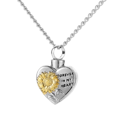 Carved Sunflower Pendant Necklace with Forever In My Heart Cremation Ash Picture