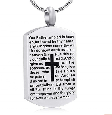 Silver Plated Lord's Prayer Dog Tag Pendant Cremation Urn Necklace for Ashes of Loved One