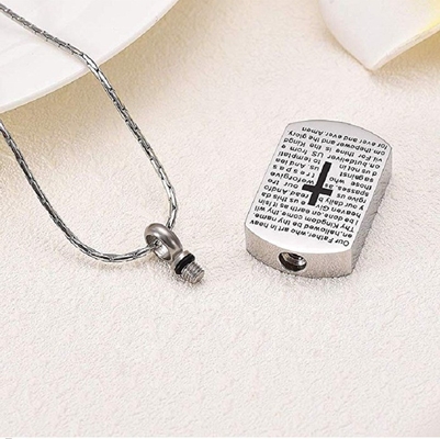 Silver Plated Lord's Prayer Dog Tag Pendant Cremation Urn Necklace for Ashes of Loved One