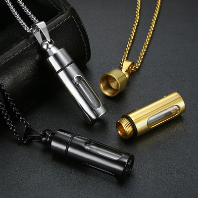 Silver Plated Open Perfume Bottle Cylinder Pendant Necklace for Men Women Ashes Casket