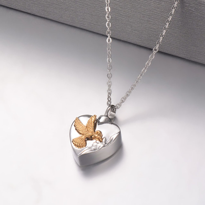 Rose Gold Plated Stainless Steel Fashion Niche Peach Heart Hummingbird Modeling Urn Memorial Pendant Necklace