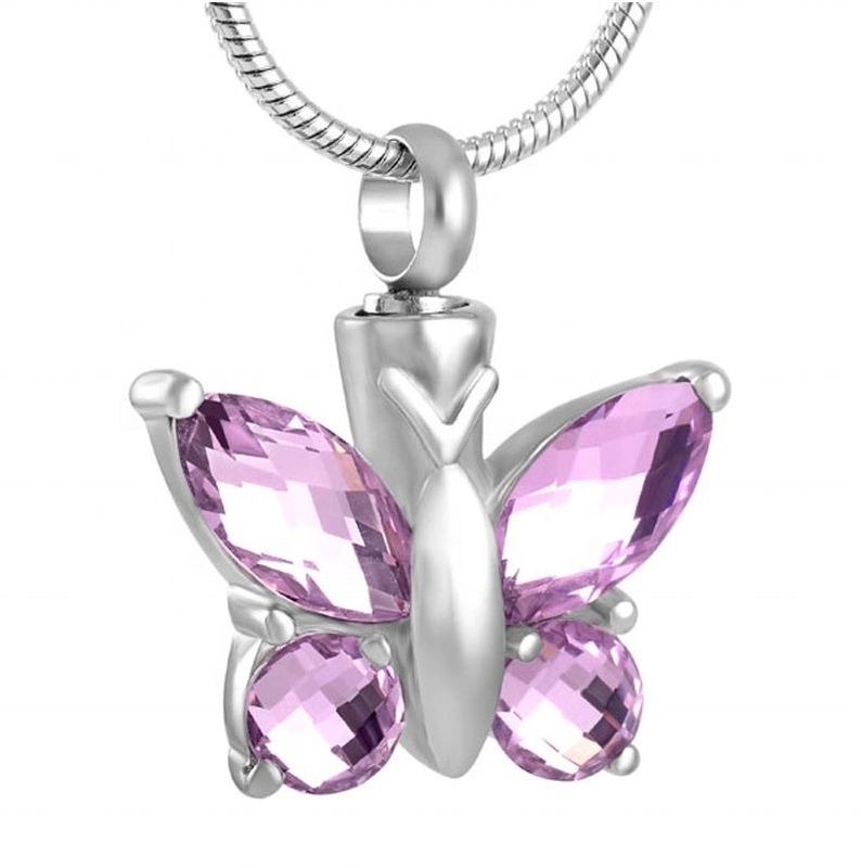 Crystal Butterfly Pendant Necklace Cremation Urn in Purple/Blue/Red/Green/Pink for Memorial Jewelry Keepsake