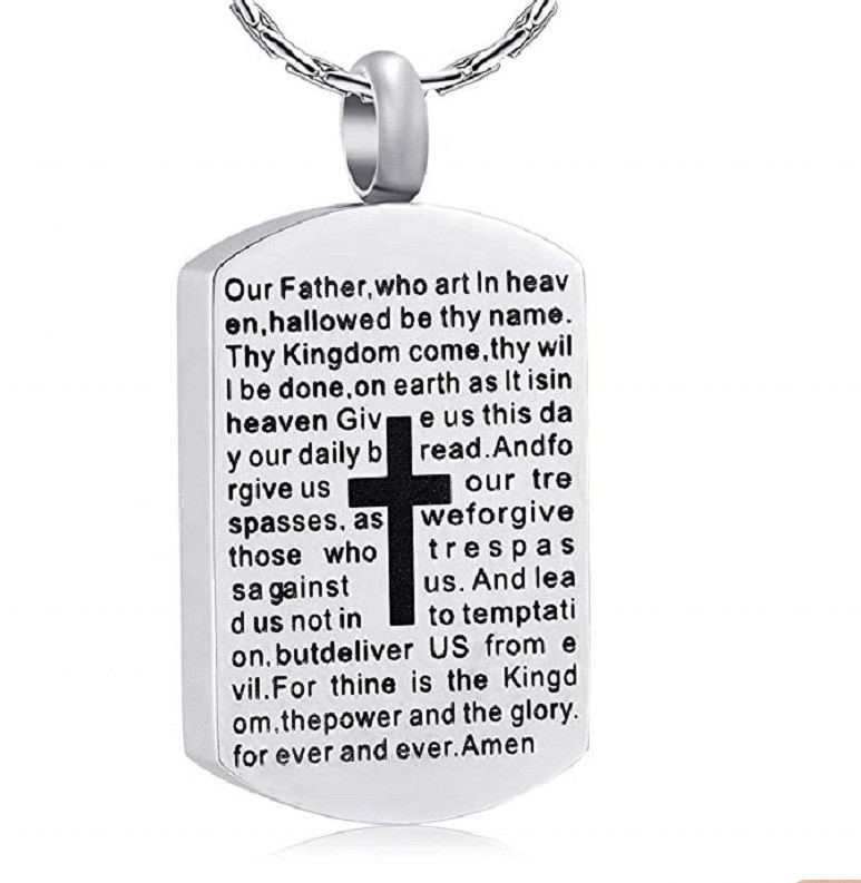 Silver Plated Lord's Prayer Dog Tag Pendant Cremation Urn Necklace for Ashes of Loved One