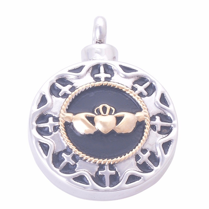 OEM/ODM Round Shape Two Tone Hug My Heart Screw Urn Cross Pendant Necklace Memorial Cremation Jewelry